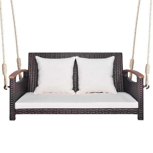 Tangkula 2 seater Hanging Swing Porch Swing Pe Wicker Swing Outdoor Hanging Swing Garden Poolside