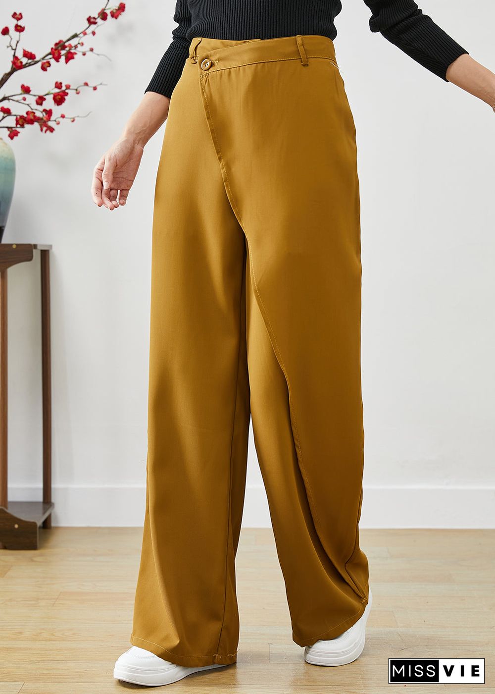 Yellow Draping Spandex Pants Asymmetrical High Waist Fall