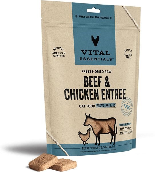 Vital Essentials Beef and Chicken Entree Cat Food Mini Patties Grain-Free Freeze-Dried Raw Cat Food， 3.75-oz bag