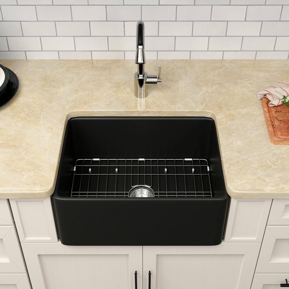 Black Fireclay 24 in. Single Bowl round Corner Farmhouse Apron Kitchen Sink with Bottom Grid and Basket Strainer HKD-241810-B