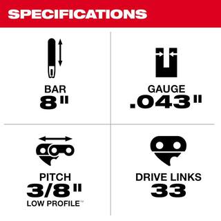 MW 8 in. Pruning Saw Guide Chainsaw Bar with 33 Drive Links 49-16-2751