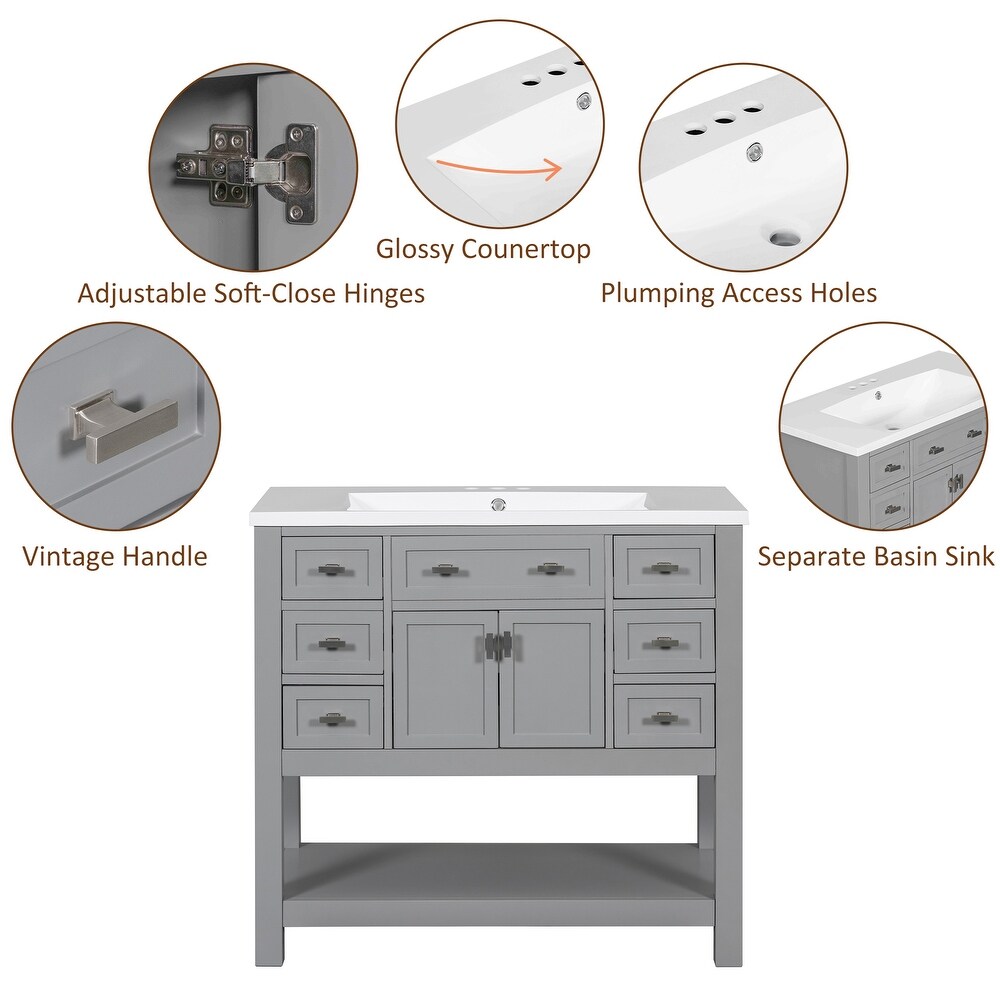 36'' Bathroom Vanity with Top Sink  Modern Bathroom Storage Cabinet with 2 Doors and 6 Drawers  Single Sink Bathroom Vanity