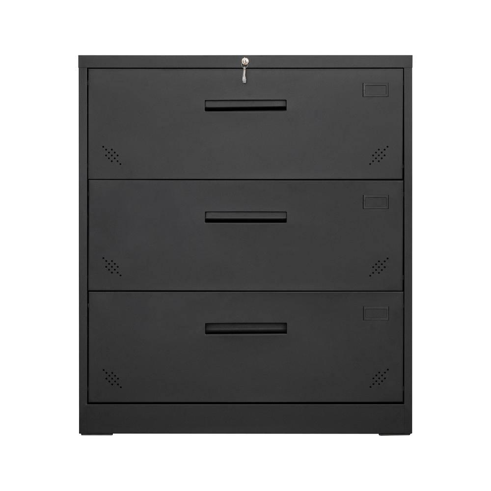 Tenleaf Black 3 Drawer Lateral Filing Cabinet for LegalLetter A4 Size Large Deep Drawers Locked by Keys SXB262864