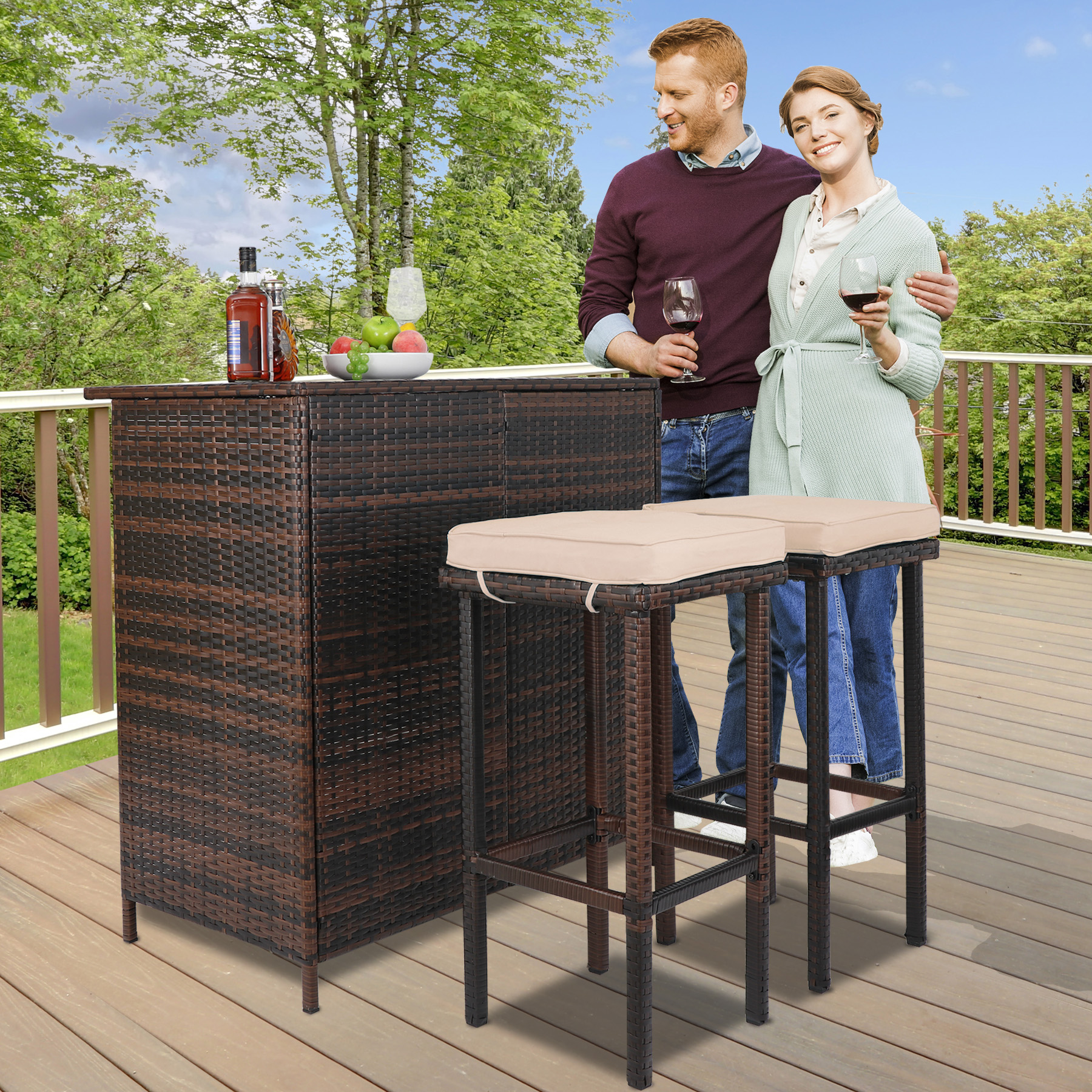 Outdoor Bar Furniture， 3 Piece Patio Bar Set， Brown Rattan Bar with Storage， 2 Brown Stool Cushions