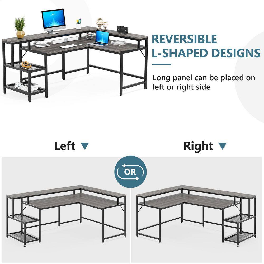 TRIBESIGNS WAY TO ORIGIN Perry 69 in. Grey Reversible Large Corner L Shaped Computer Writing Desk Monitor Stand Storage Shelf Home Office HD-JW0364-WZZ