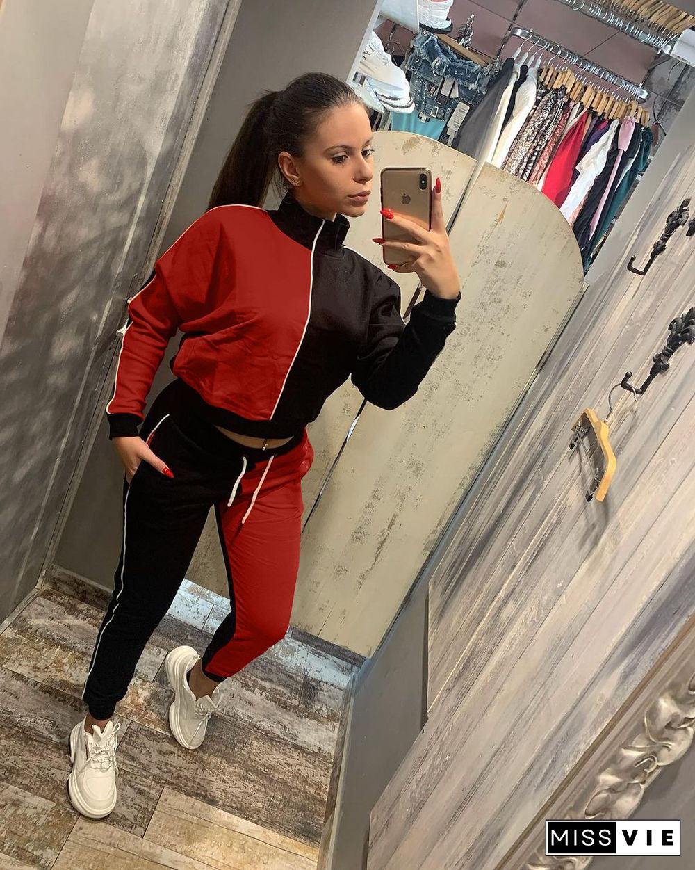 Color Contrast Zip Jacket Sporty Pants Two Piece Set