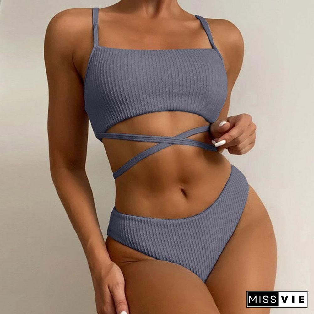 Sexy Bandage Cross Tie-up High Waist Swimwear Women Solid Rib Spaghetti Straps Bikini Set Fashion Backless Push Up Beachwear Set