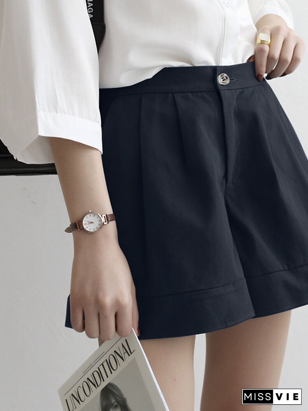 Solid Loose Button Elastic Waist Wide Leg Casual Shorts