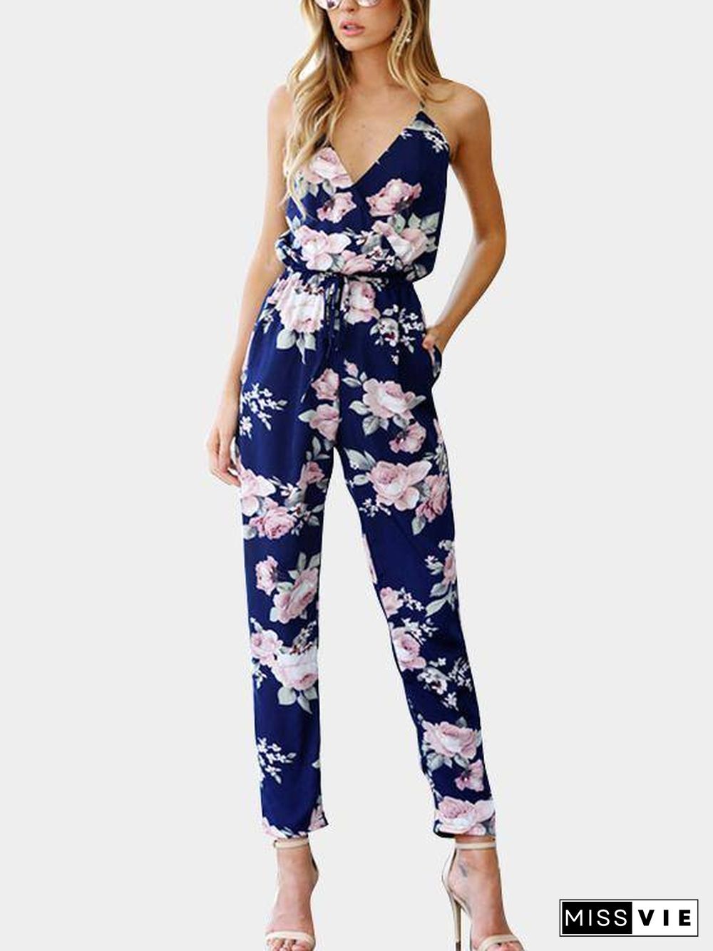 Cross Front V-Neck Random Floral Print Jumpsuit