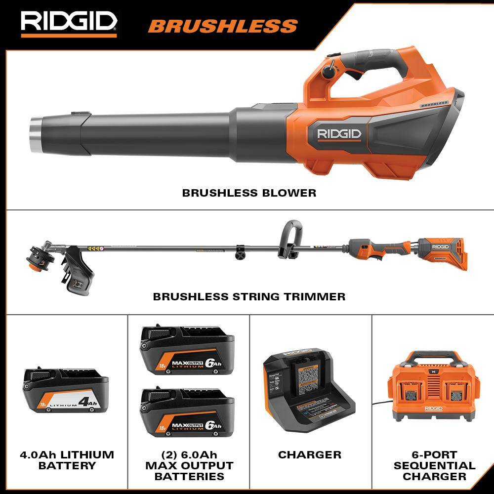 RIDGID 18V Brushless Cordless 2-Tool Combo Kit with String Trimmer Leaf Blower (3) Batteries and (2) Chargers R019001VNM-AC86096-AC840060PN