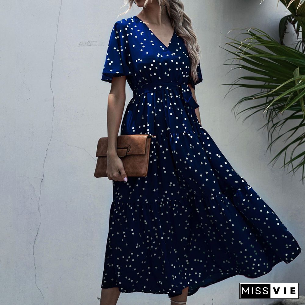 Summer Elegant V-neck Cross Belt Sexy Beach Long Dress Women Print Flowers Polka-dot Strap Ladies Boho Dress Women Vestidos