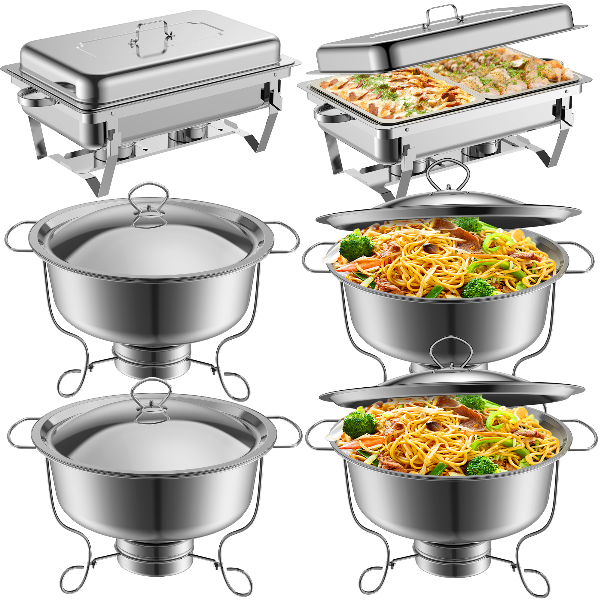 Famistar 6 Packs Buffet Chafer Set - Stainless Steel 4 Round Chafing Dish + 2 Rectangular Chafers Foldable Frame Full Size with 2 Half Size Pan - Buffet Catering Dinner Serving Buffer Warmer Set