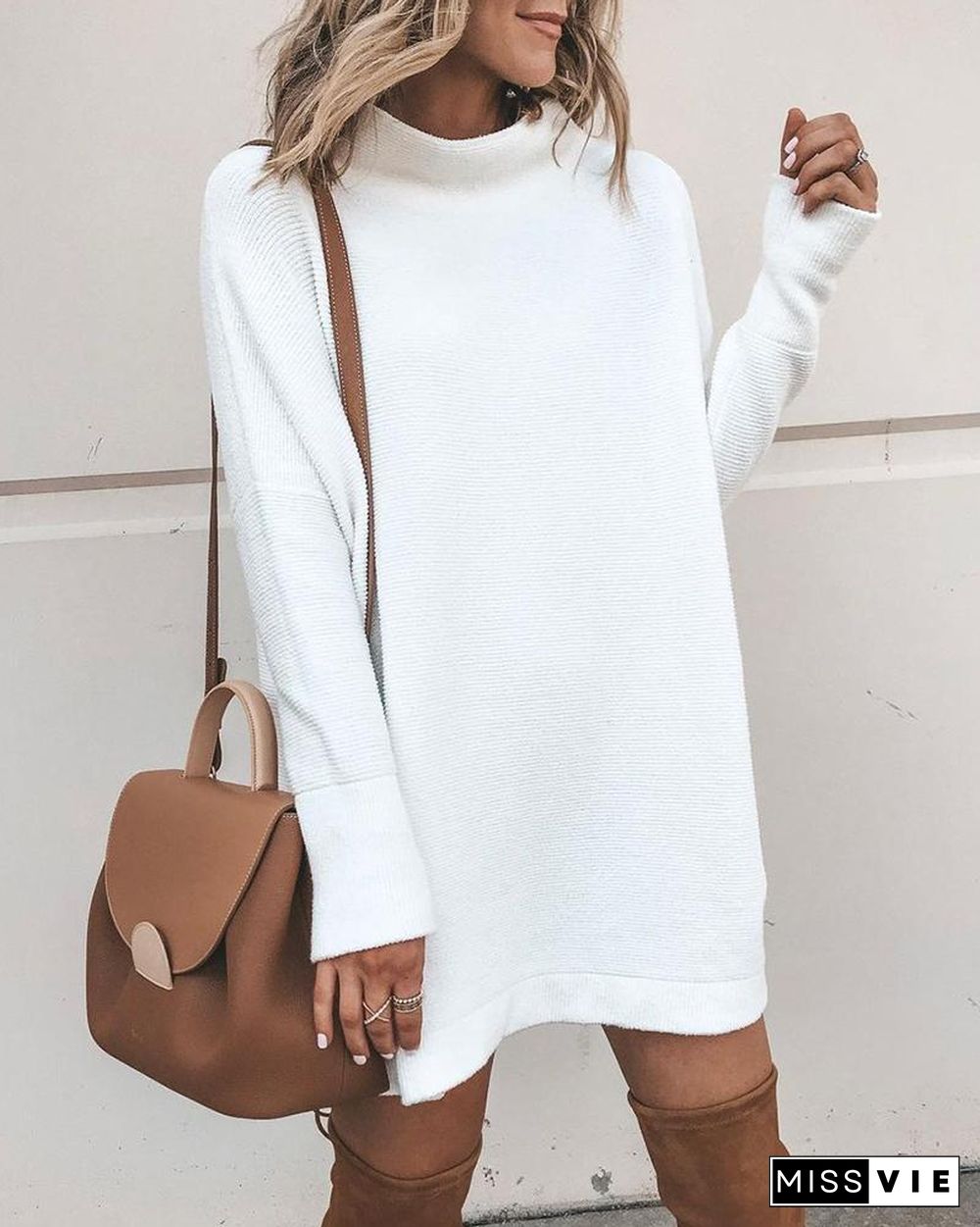 High Neck Long Sleeve Sweater Dress P12279