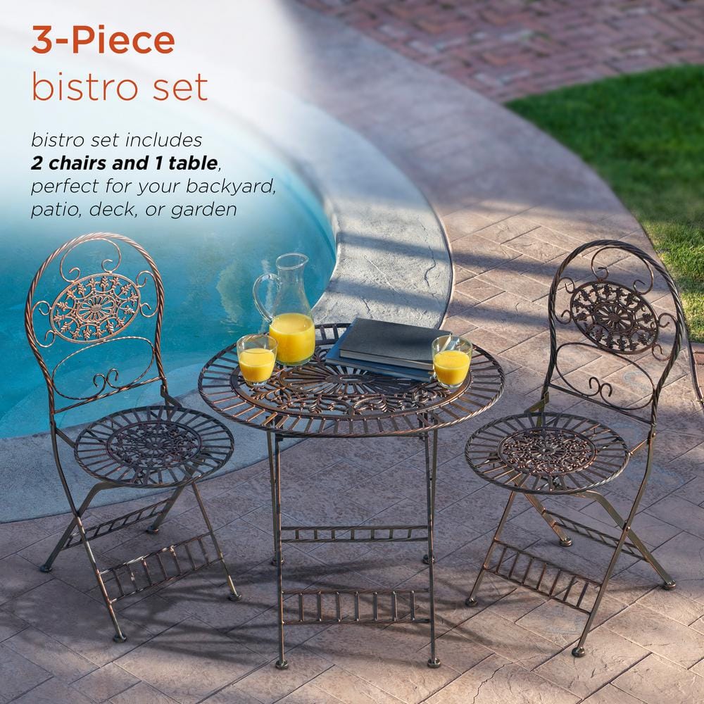 Alpine Corporation 3-Piece Indoor/Outdoor Oval Bistro Set Folding Table and Chairs Patio Seating, Bronze KIY212A-BR