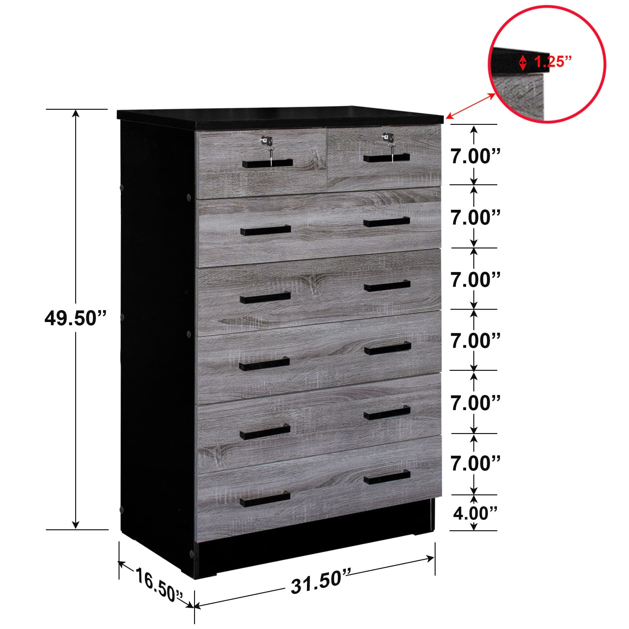 Better Home Products WC-7-GRY-BLK Cindy 7 Drawer Chest Wooden Dresser& Gray & Black