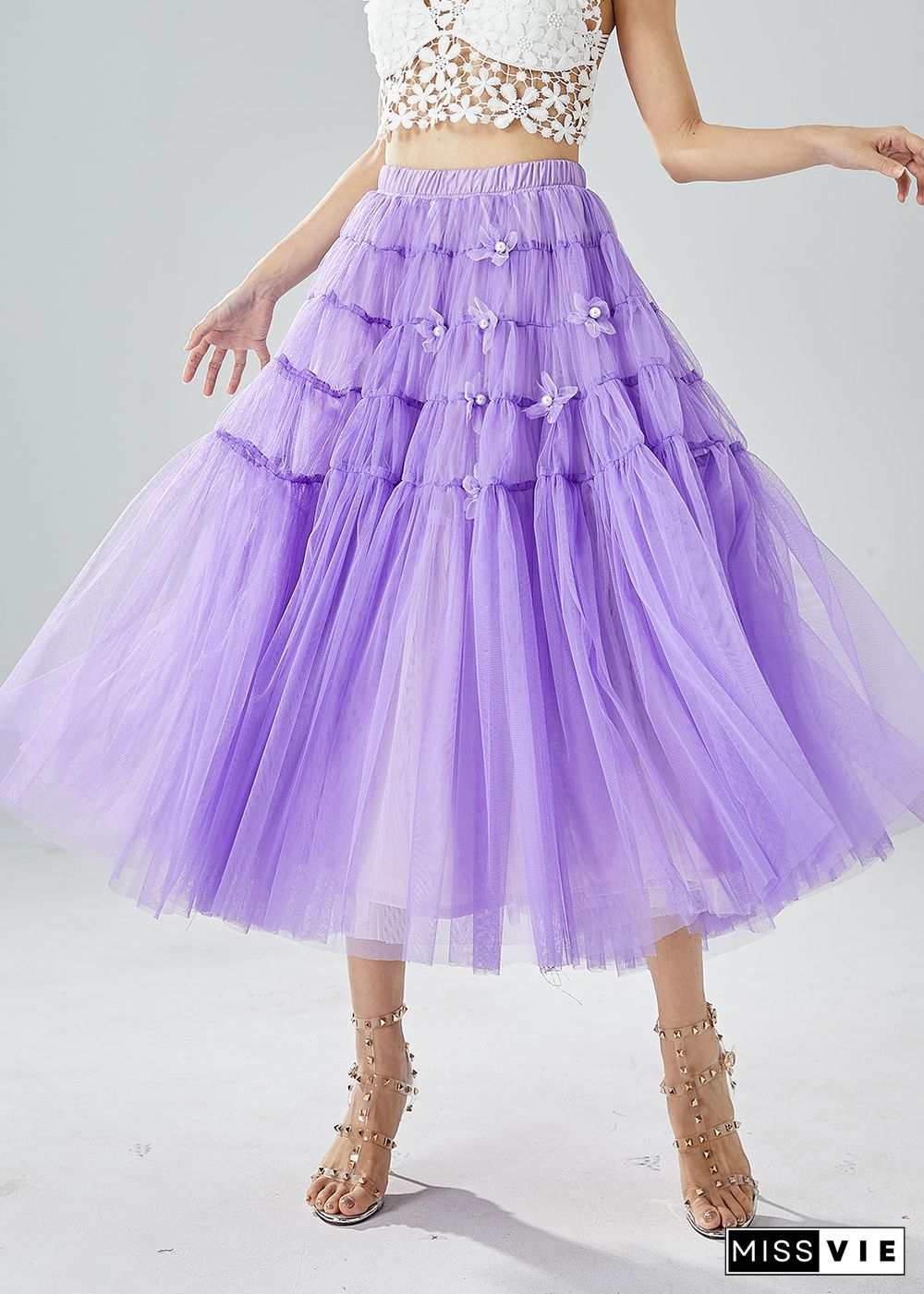 Beautiful Purple Wrinkled Patchwork Pearl Tulle Skirts Summer