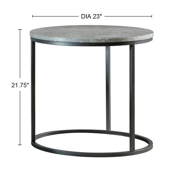 Round Faux Marble End Table with Metal Base in Grey and Gunmetal