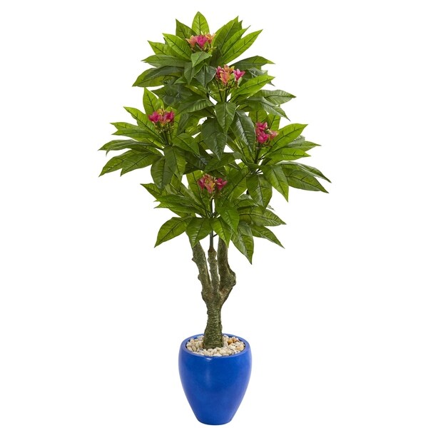 5' Plumeria Artificial Tree in Decorative Blue Planter UV Resistant (Indoor/Outdoor)