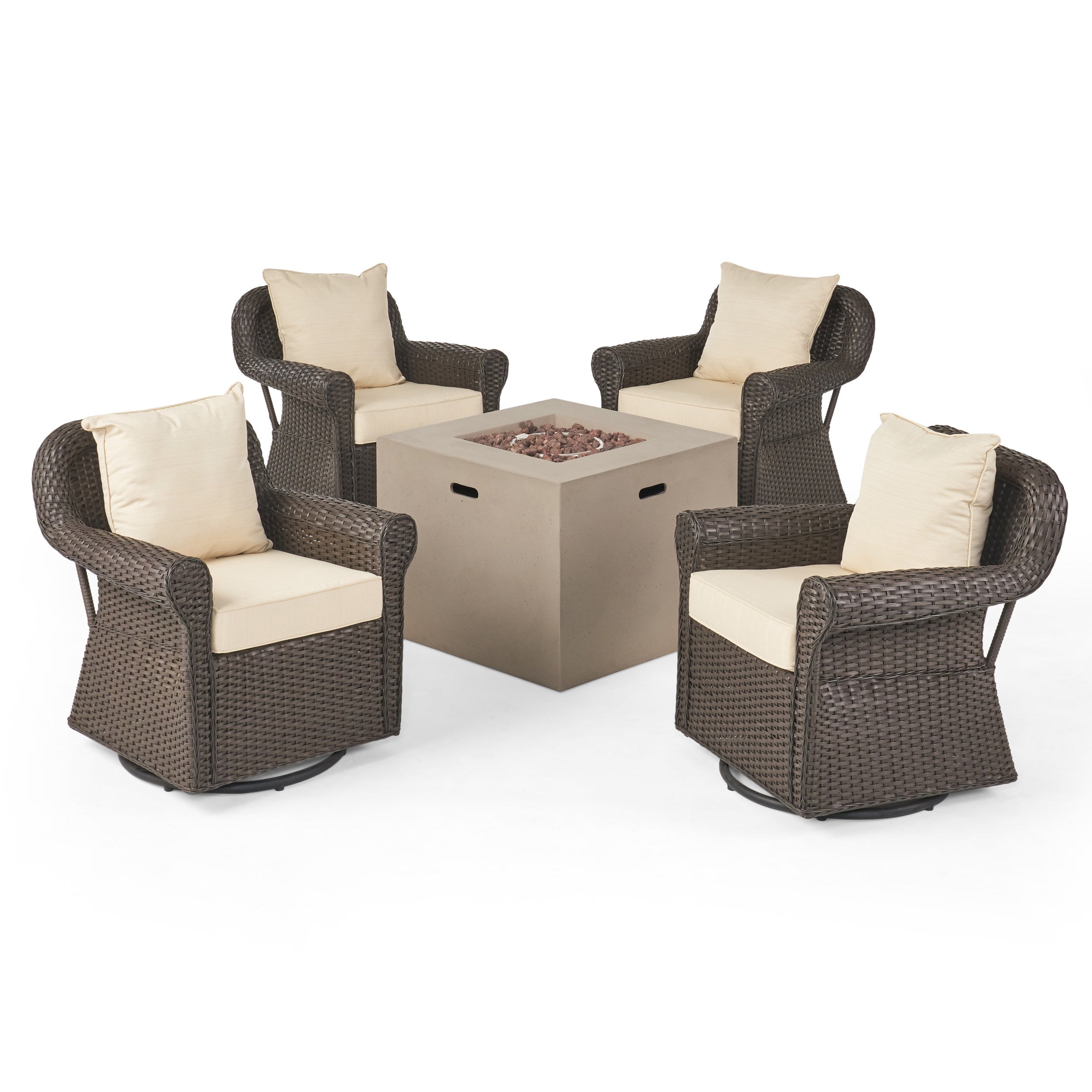 Lustar Outdoor 4 Piece Swivel Club Chair Set with Square Fire Pit