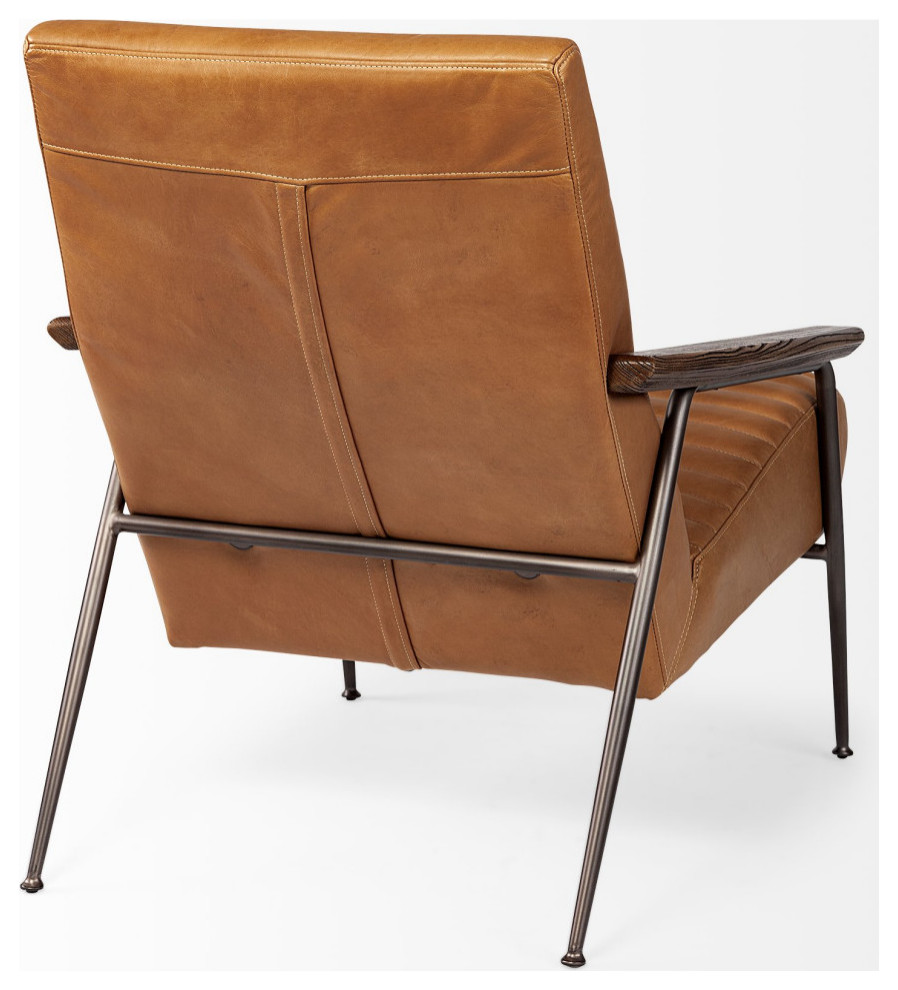 Grosjean Brown Genuine Leather w/ Dark Brown Frame  ampWooden Arms Accent Chair   Midcentury   Armchairs And Accent Chairs   by Mercana  Houzz