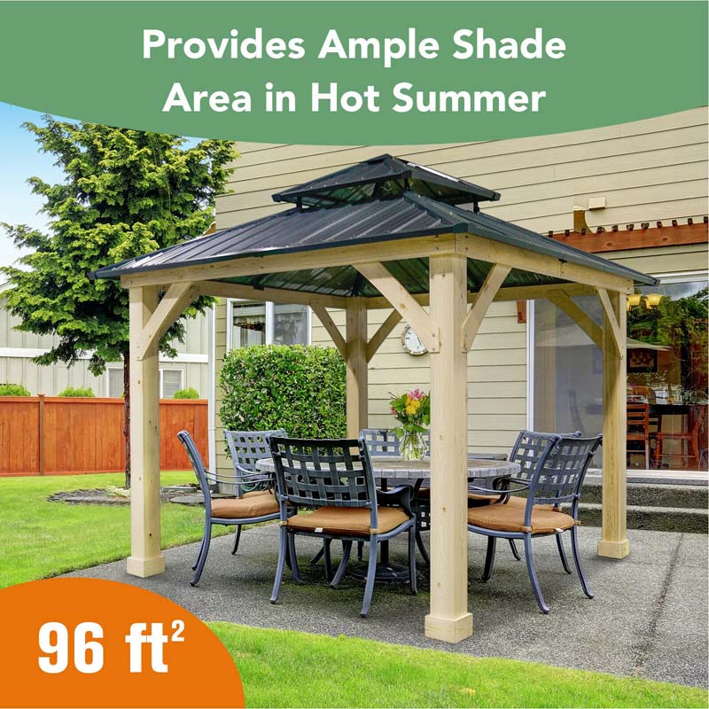 10 x 10 FT Outdoor Patio Hardtop Gazebo with Wood Frame & 2-Tier Metal Roof, All-Weather Gazebo Pergolas Shelter