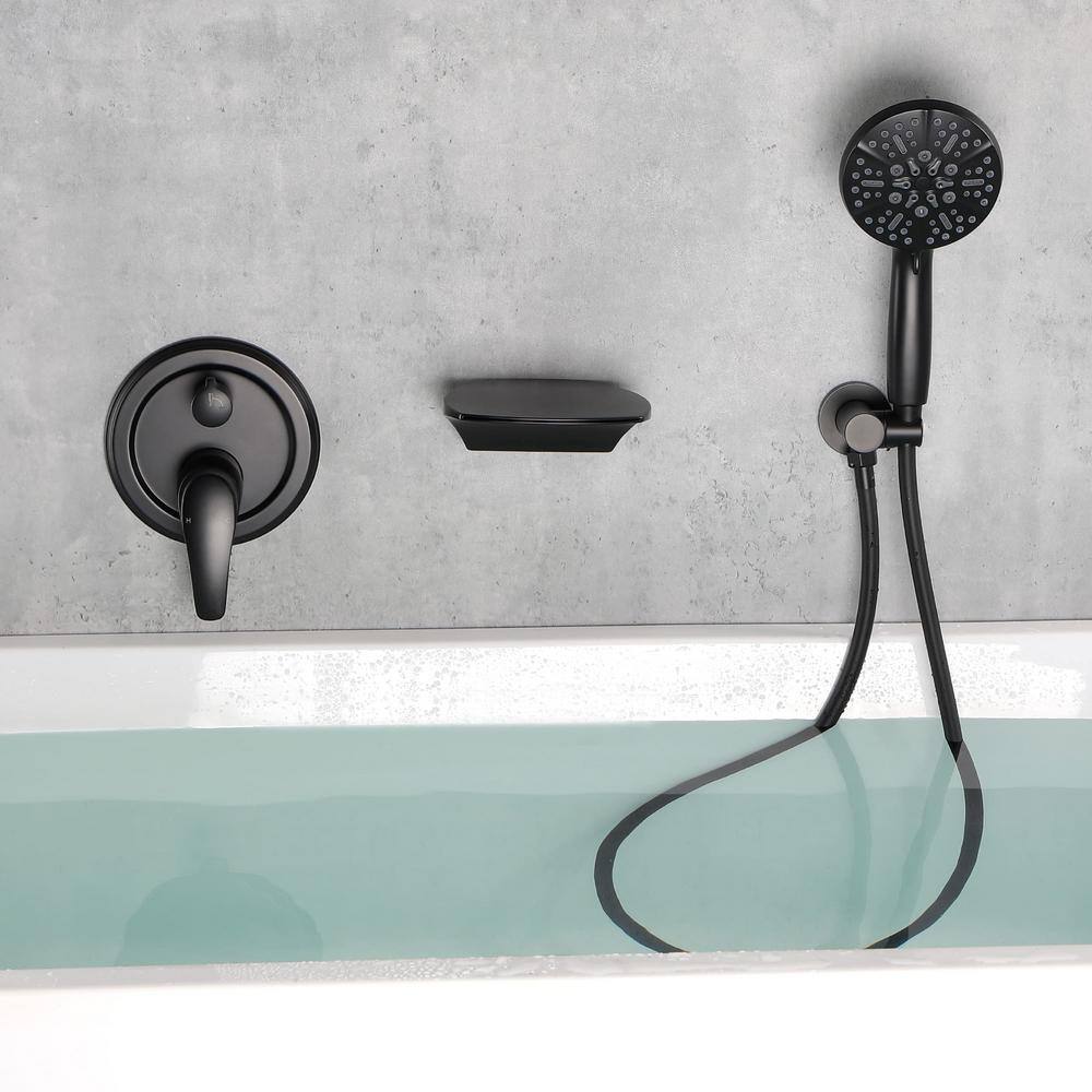 FLG Single-Handle Wall Mount Roman Tub Faucet with Hand Shower Brass Waterfall Tub Filler in Matte Black SS-0145-MB