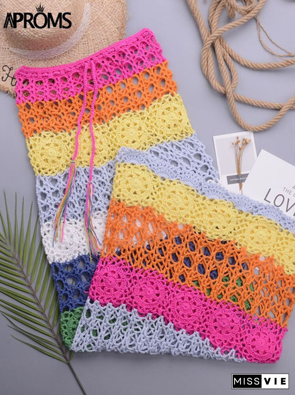 Colorful Handmade Crochet Long Maxi Skirts Women Summer Drawstring High Waist Hollow Out Beach Bikini Coverup Bottom