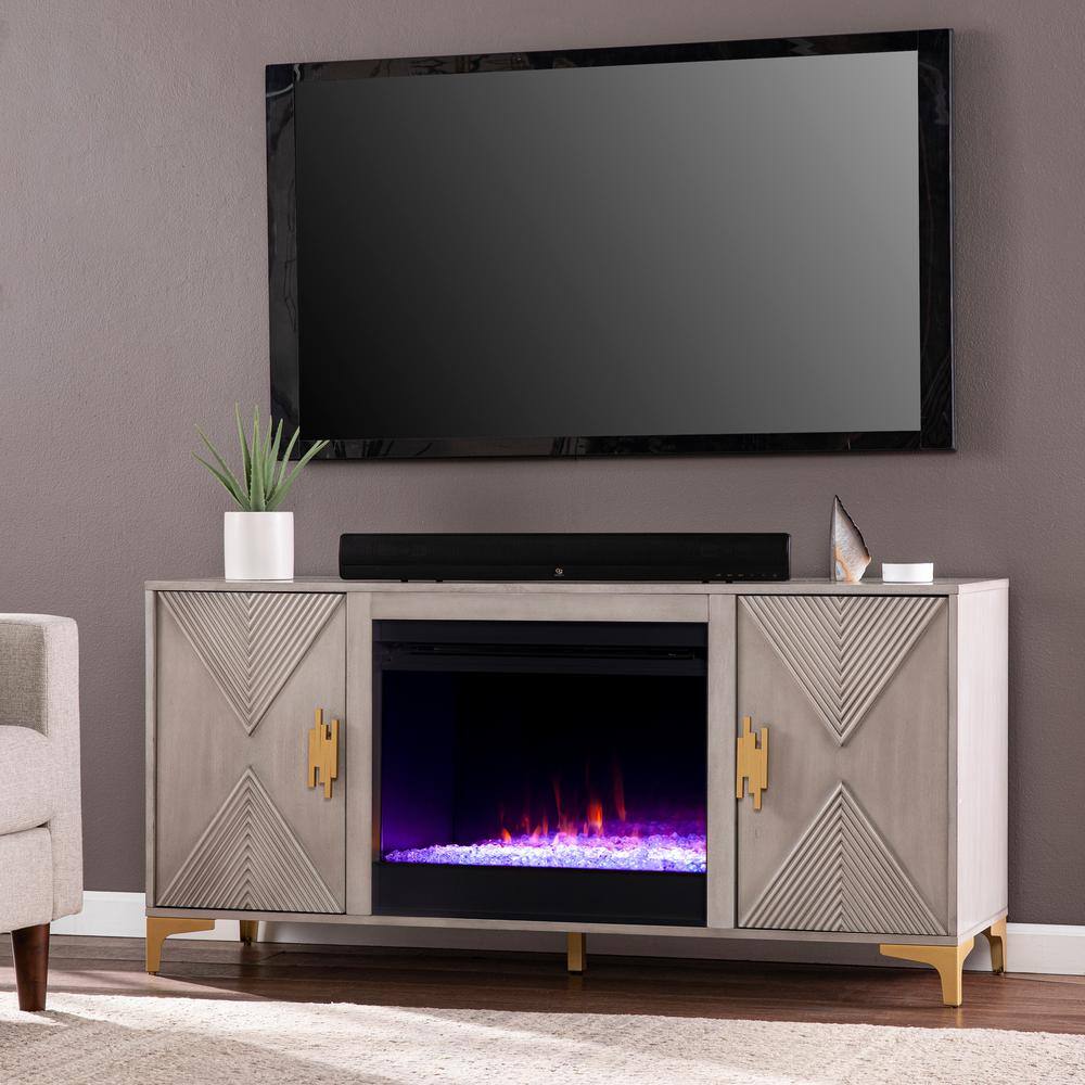 Southern Enterprises Breah 56 in. Color Changing Electric Fireplace in Graywashed and Gold HD053820