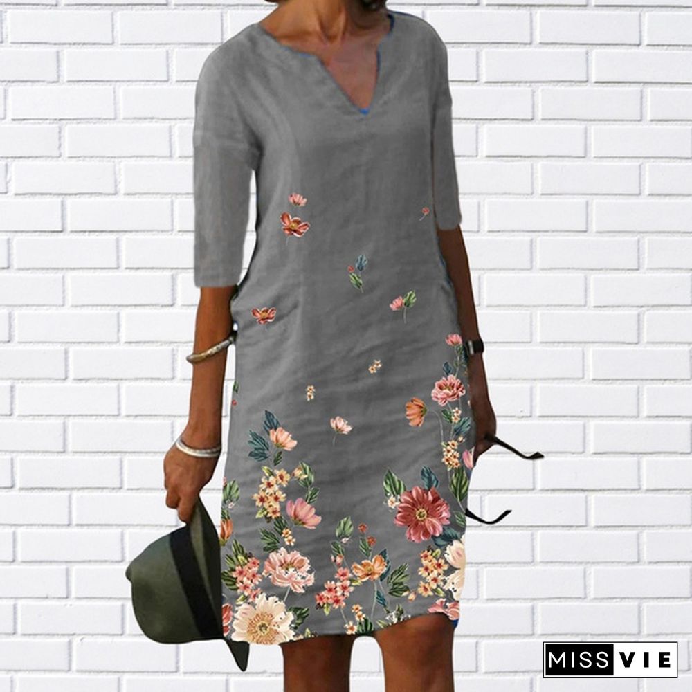 Spring Summer Autumn Women's Female Casual Loose V-Neck Flower Floral Print Mid-Sleeve Half Sleeve Dresses A-Line Dress Skirt Mini Dress Retro 3D Print Five-Point Vintage Sleeve Dress Plus Size Xs-8Xl