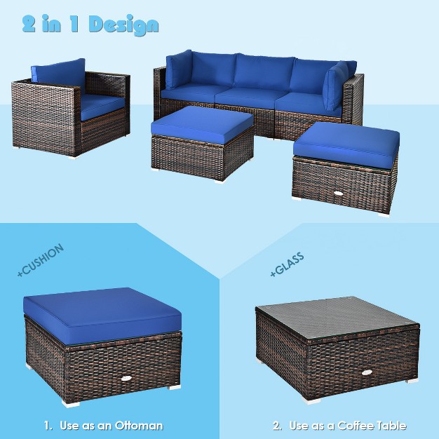 Tangkula 6pcs Rattan Patio Furniture Set Cushioned Sofa Chair Ottoman Turquoise red navy black white