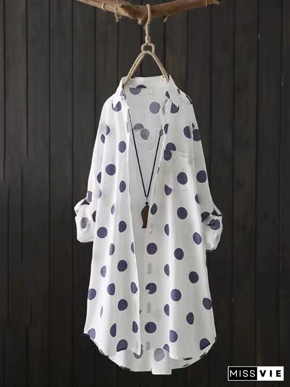 High-Low Long Sleeves Polka-Dot Lapel Shirts Tops