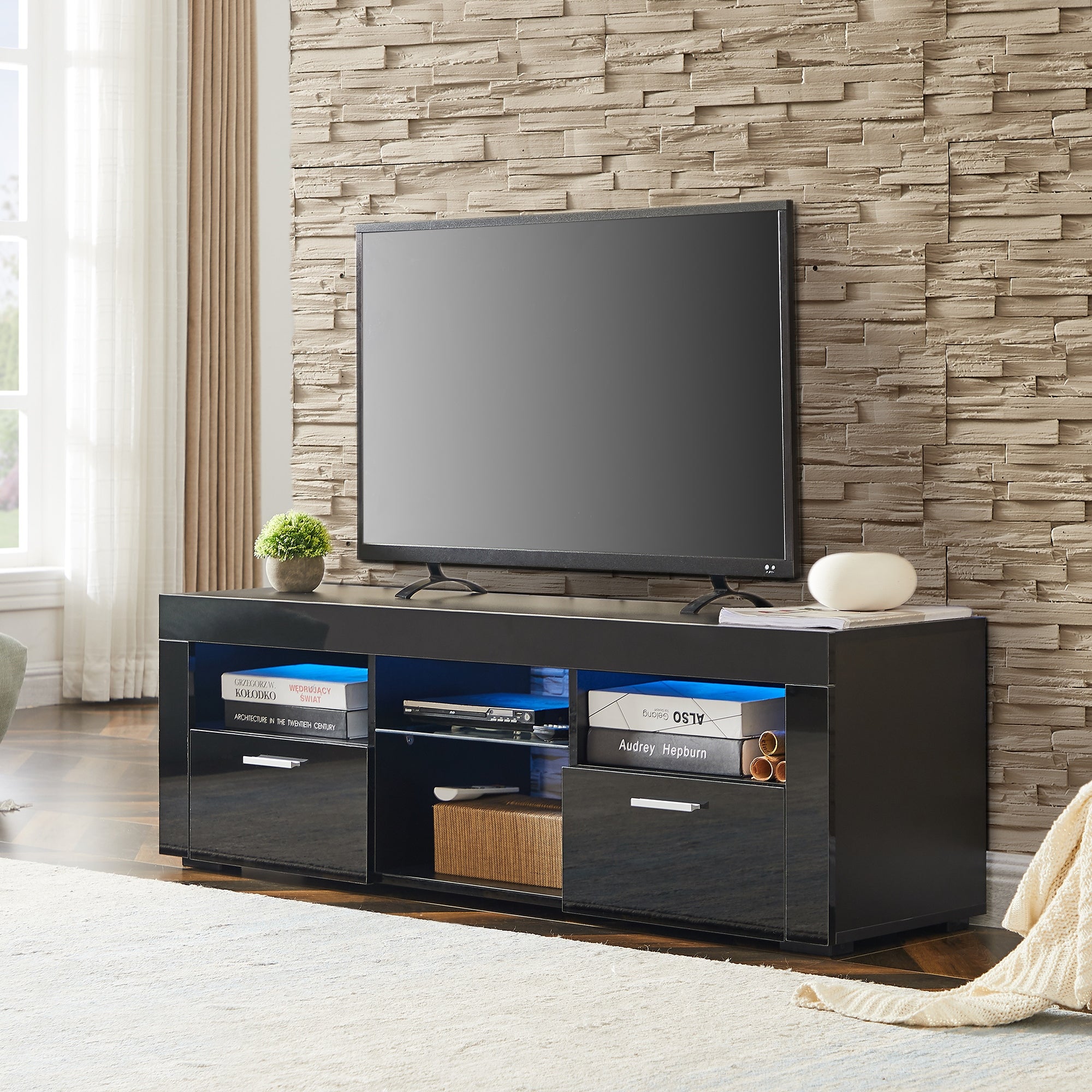 Black morden TV Stand with LED Lights，high glossy front TV Cabinet，can be assembled in Lounge Room， Living Room ，Black