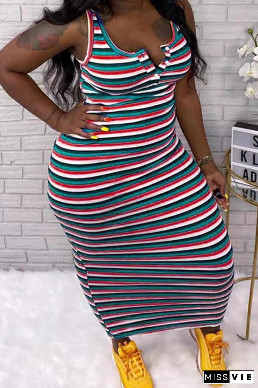 Casual Striped Print Basic U Neck Vest Plus Size Dresses