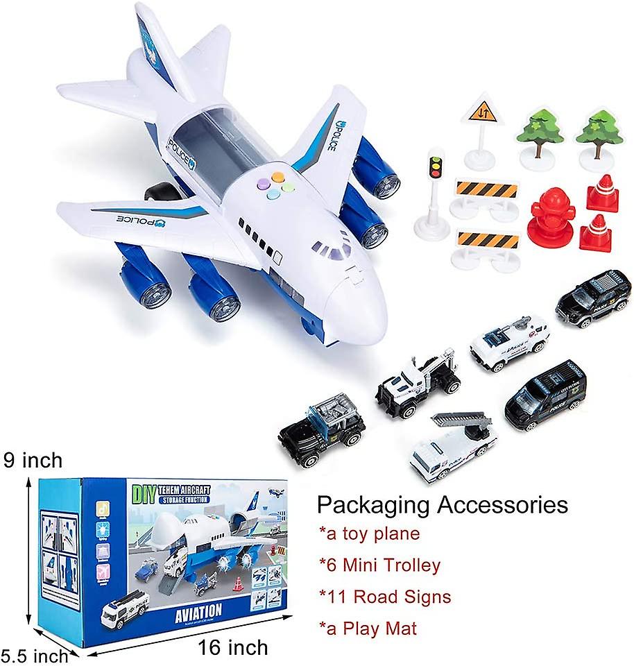 Car Toys Set With Transport Cargo Airplane And Large Play Mat， Mini Educational Vehicle Police Car Set For Kids Toddlers Boys Child Gift For 3 4 5 6 Y