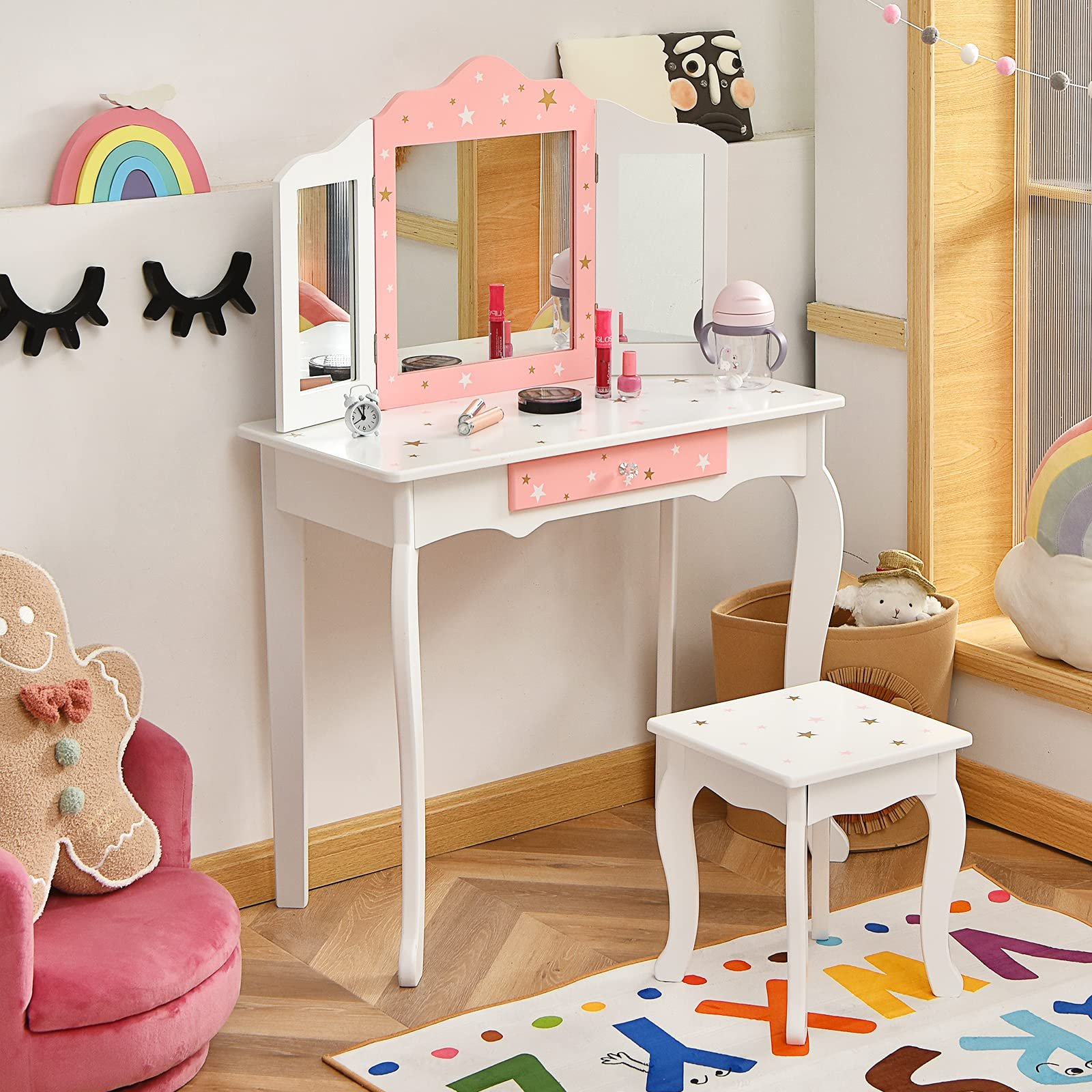 Costzon Kids Vanity Set with Mirror, 2 in 1 Princess Makeup Dressing Table w/Detachable Top