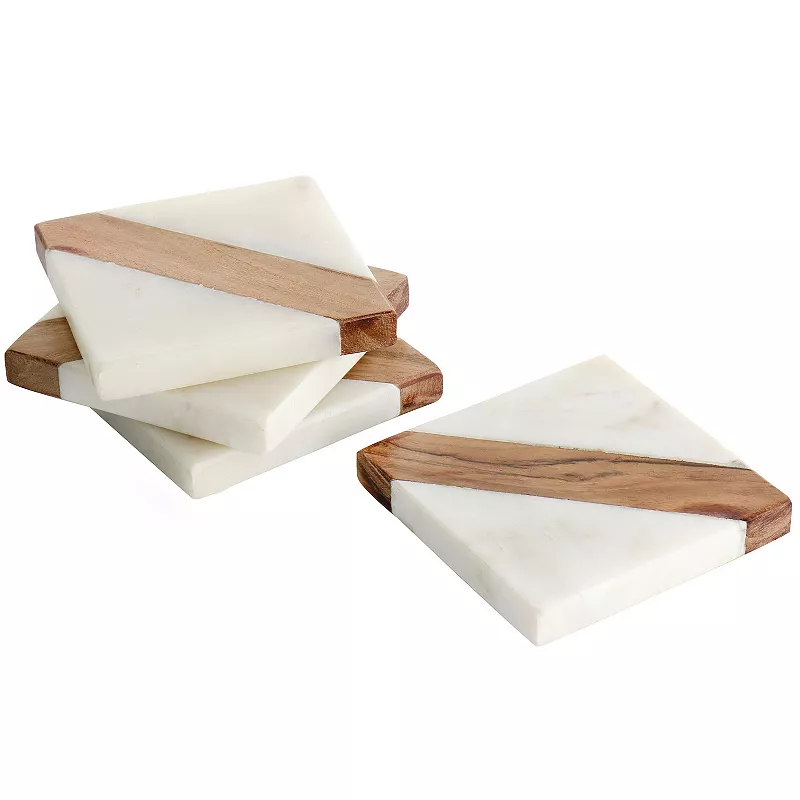 Laurie Gates California Designs Mango Wood and White Marble Square 4 Piece Coaster Set