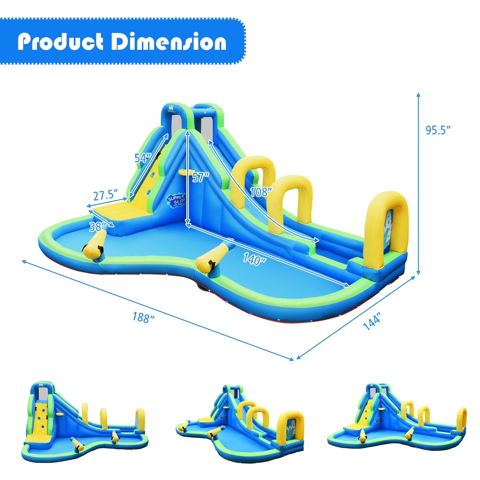 BOUNTECH Long Slide Bouncer Park w/Climbing Wall & Splashing Pool