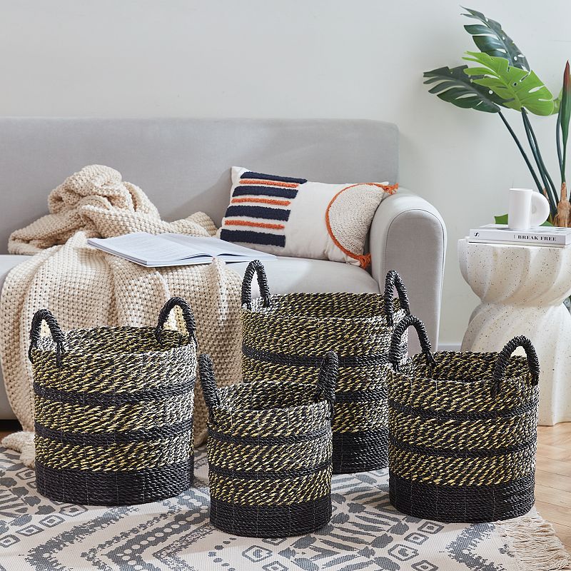 Saddle River Black Seagrass and Raffia Basket 4-piece Set