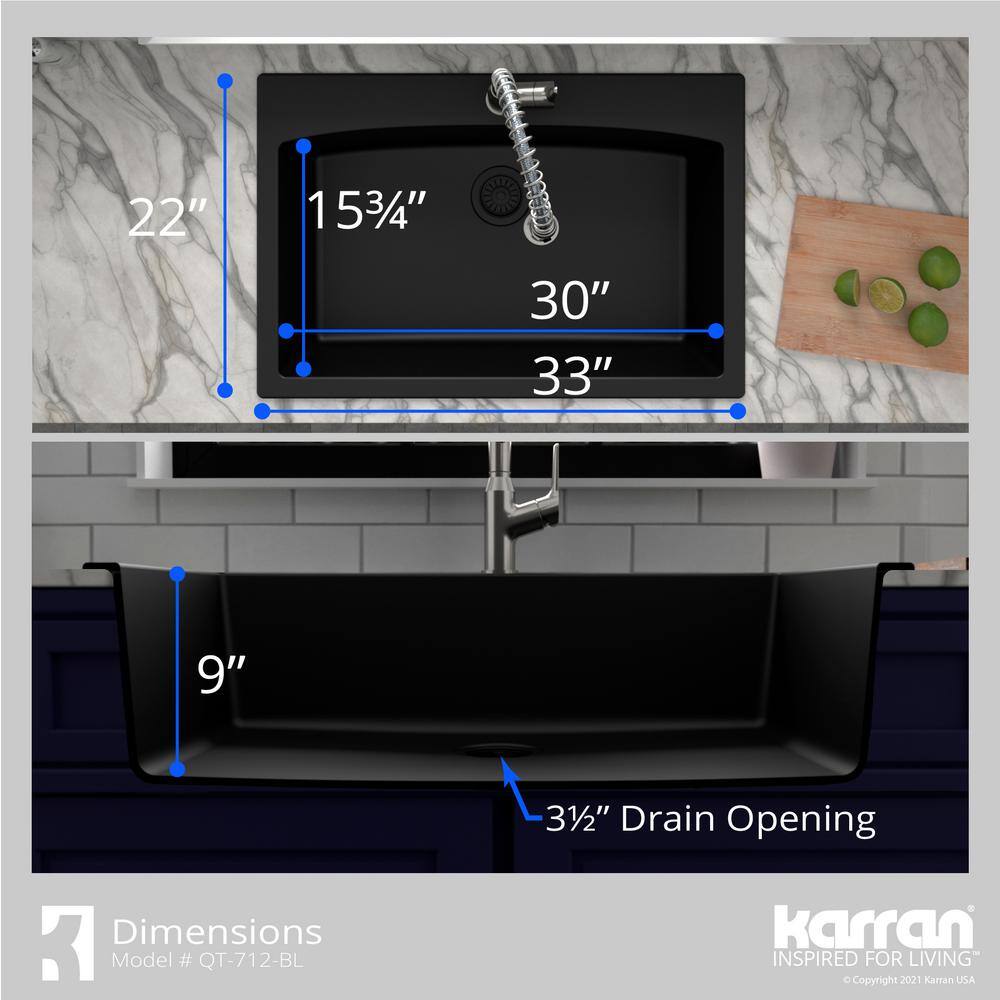 Karran Drop-In Quartz Composite 33 in. 1-Hole Single Bowl Kitchen Sink in Black QT-712-BL