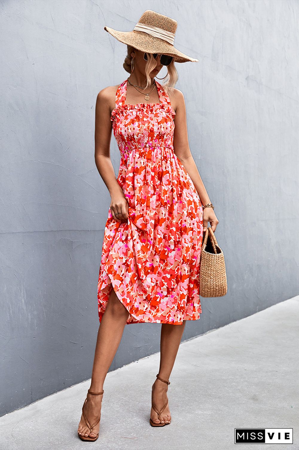 Ruffle Printing Halter Dress Wholesale