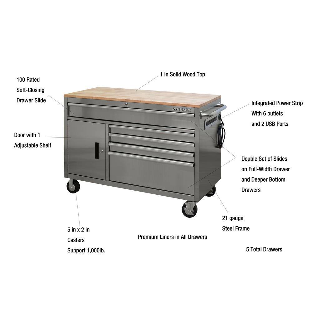 Husky 52 in. W x 25 in. D Standard Duty 5-Drawer 1-Door Mobile Workbench Tool Chest with Solid Wood Top in Stainless Steel HOTC5205JX2M