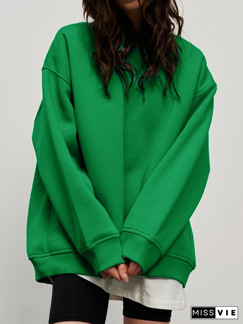 Long Sleeves Loose Solid Color Round-Neck Sweatshirt Tops