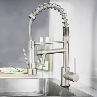 GIVING TREE Single-Handles 2-Spout Pull Down Sprayer Kitchen Faucet with LED Light in Brushed Nickel HDLTQA0013