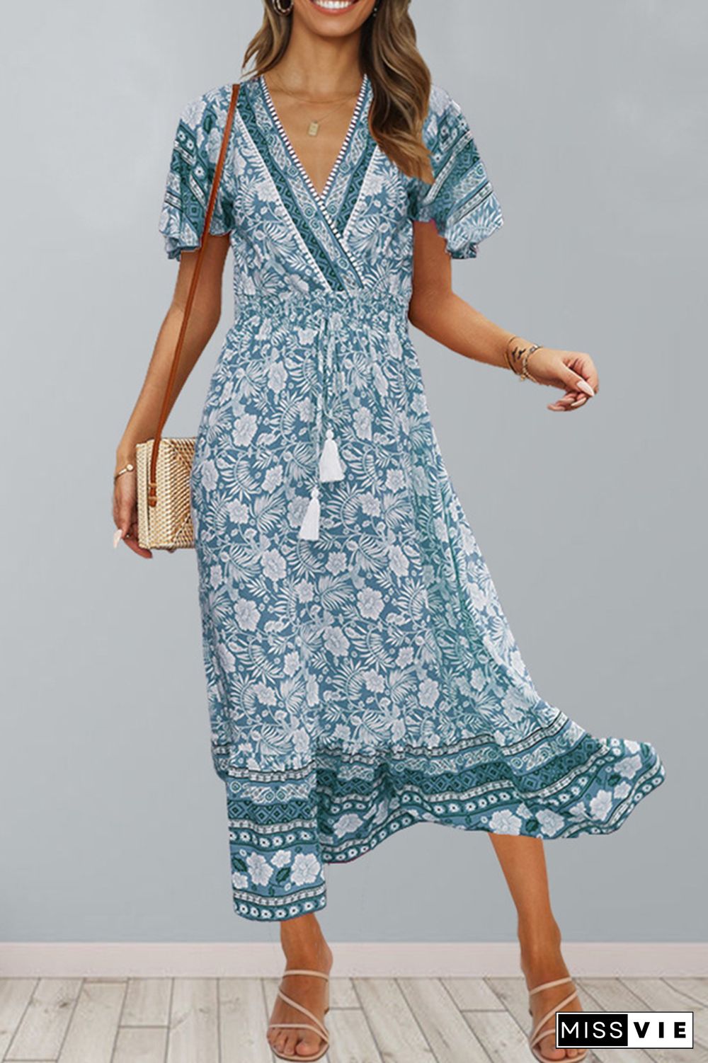 Vintage Floral Print Drawstring Tassel V-neck Dress for Beach Wholesale