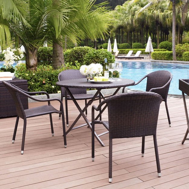 Palm Harbor 5pc Outdoor Wicker Dining Set Brown Crosley All weather Resin Uv resistant Stackable Chairs Foldable Table