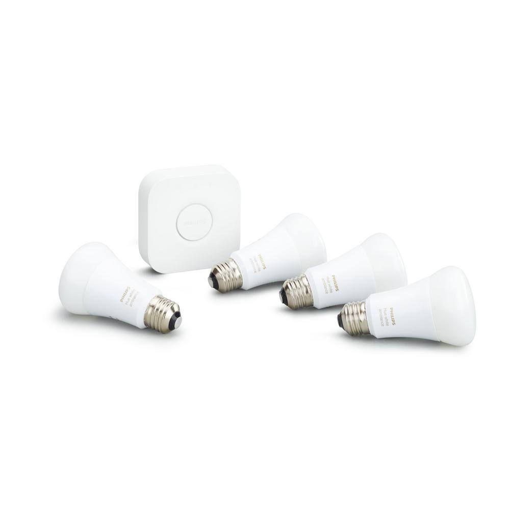 Philips Hue White Ambiance A19 LED 60W Equivalent Dimmable Smart Wireless Lighting Starter Kit (4 Bulbs and Bridge) 471986