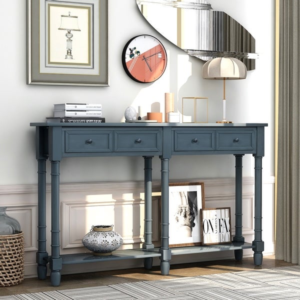 Rustic Console Table with 2 Storage Drawers and Round Deco Knob， Sofa Table with 1 Bottom Storage Shelf， Antique Navy