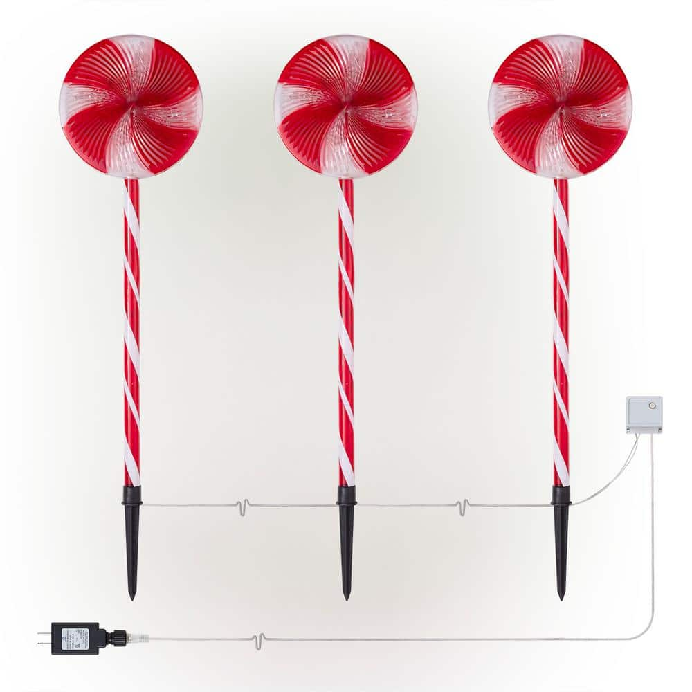 Alpine Corporation 28 in. Tall Candy Cane Pathway with Red and White LED Lights, Set of 3 COR114T-3