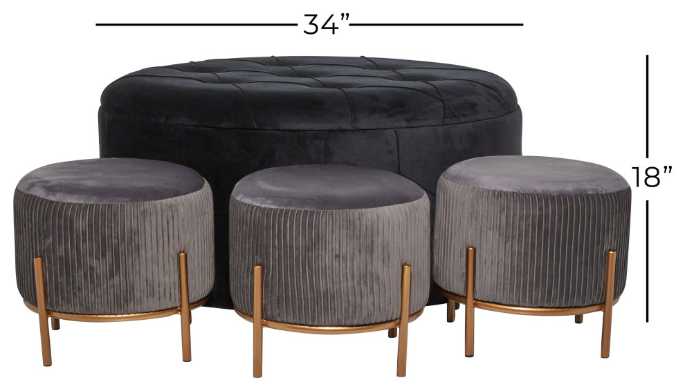 Large Round Black And Grey Velvet Fabric Storage Ottoman Set  Set Of 3   Contemporary   Footstools And Ottomans   by Brimfield  ampMay  Houzz