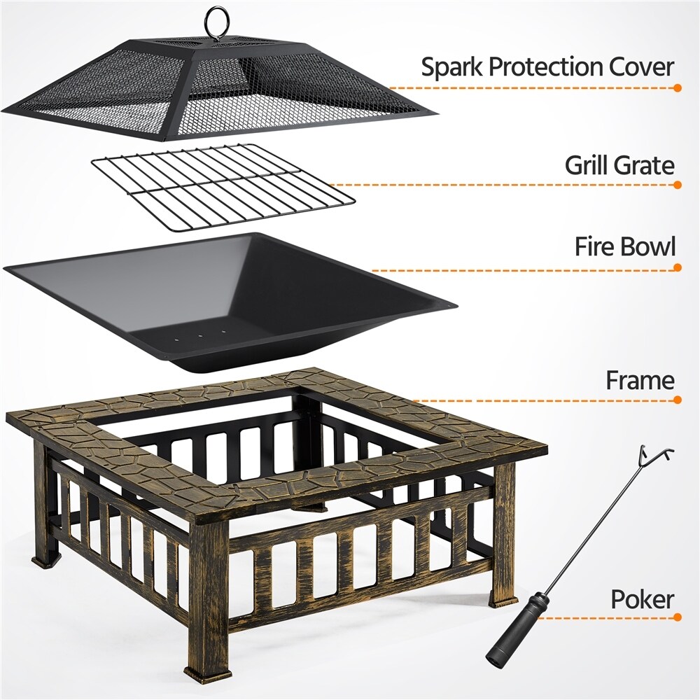 Yaheetech 34in Fire Pit Table Outdoor Patio Fire Pits Square Steel Stove with Mesh Screen and Cover